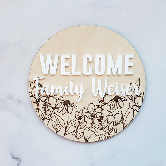 Round Welcome Plaque - Floral Engraved